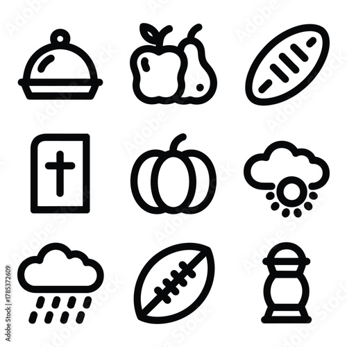 Collection of Black and White Vector Icons Depicting Various Concepts