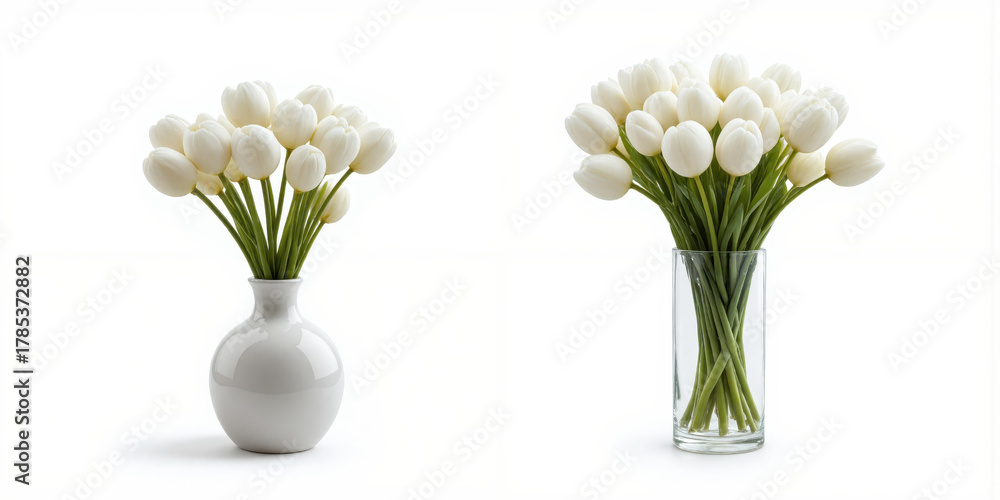 Obraz premium Set Two Vases White Flowers Isolated Transparent Background Simple Ceramic Glass Decor Element Still Life Arrangement Minimalist Elegant Clean Tulip