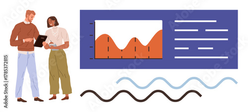 Two professionals analyzing graphical data representation on a digital chart with notes. Ideal for business, teamwork, data analysis, education, learning, strategy, creative processes. Simple flat