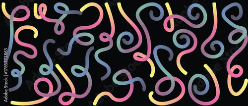 Colorful gradient lines elegantly twist and curl across a solid black backdrop creating abstract shapes
