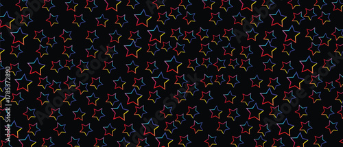 Bright stars outlined with vibrant colors create a striking pattern against the dark backdrop