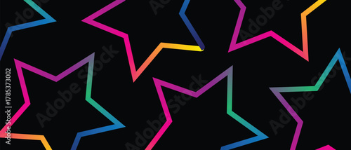 Colorful star outlines gleam with vibrant gradient effects on a sleek black background elegantly