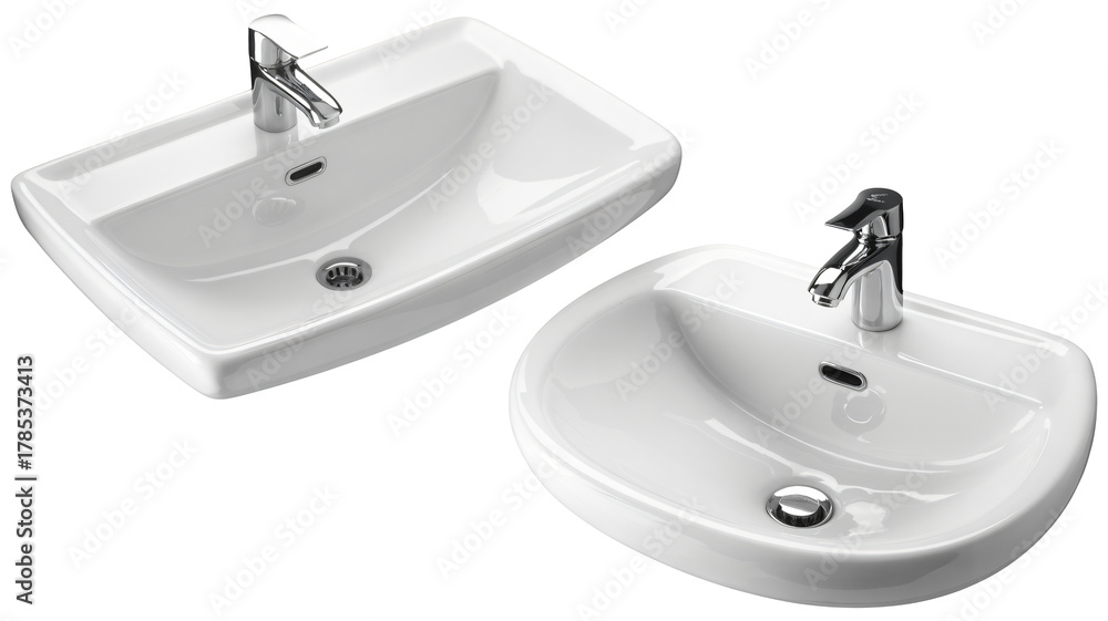 Fototapeta premium Modern ceramic sinks with sleek chrome faucets for stylish bathrooms