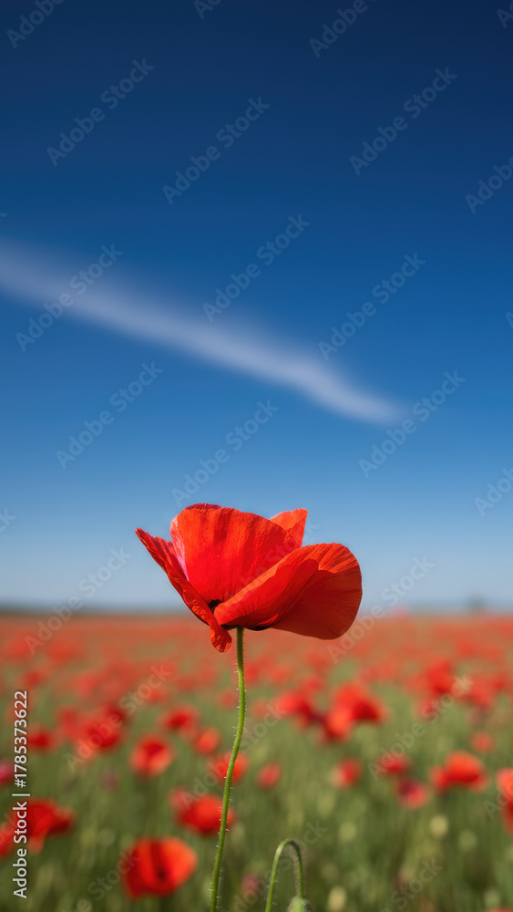 Obraz premium Single red poppy flower stands out in vibrant field against clear blue sky. This beautiful nature scene evokes sense of serene peace and summer tranquility