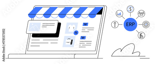 Laptop storefront highlighting product pages and ERP system connecting finance, inventory, sales, operations, human resources, and data insights. Ideal for business, e-commerce, analytics