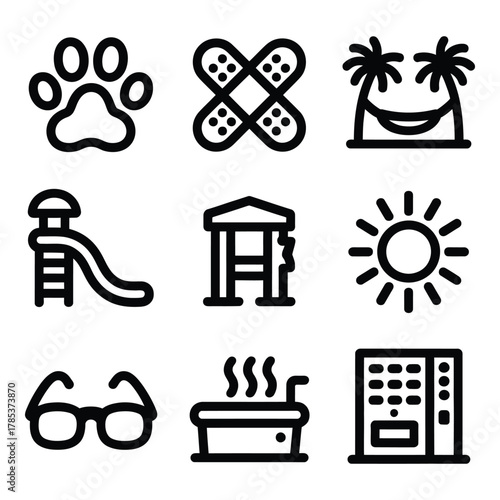 Set of Black Line Icons depicting recreation and medical well being