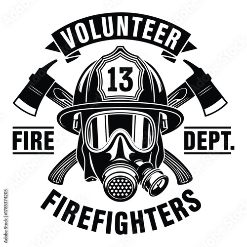 Volunteer firefighter emblem vector illustration with axes and mask number thirteen