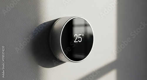 A smart thermostat displaying the temperature in degrees Celsius on the wall showcases modern climate control and energy efficiency in the home. On a clean, minimalist wall.