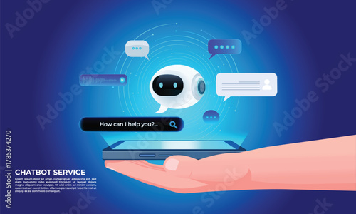 Chatbot technology for smartphones, futuristic AI-powered virtual assistant for customer service,  includes prompt bar. Futuristic intelligent search automation, AI chatbot, digital business support