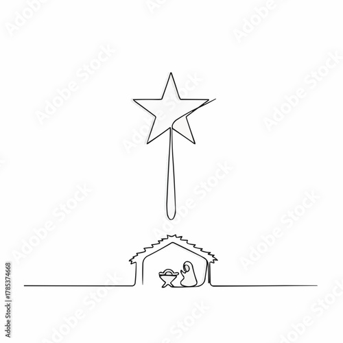 Serene continuous line art of a nativity scene with the Star of Bethlehem shining above, perfect for holiday greetings and minimalist Christmas designs
