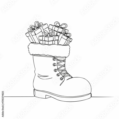 Festive Santa boot overflowing with gifts, line art drawing for holiday cheer, perfect for Christmas cards, seasonal promotions, and creative designs