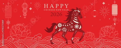 chinese new year banner with horse,lantern,water wave, flower decoration for social media