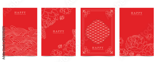 Chinese new year on red background with peony and minimal line frame