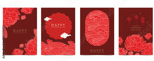 Chinese new year with peony,lantern,circle and minimal line frame on red background for postcard
