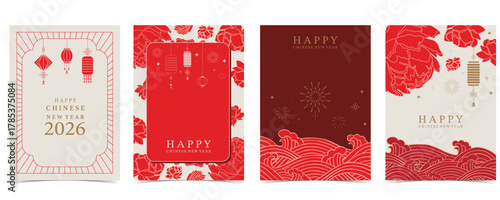 Chinese new year with peony,lantern and minimal line frame on red background for postcard