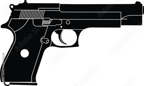 Black and White Silhouette of Semi-Automatic Handgun Side View for Firearm Identification, Design, Education, Safety, and Law Enforcement Use