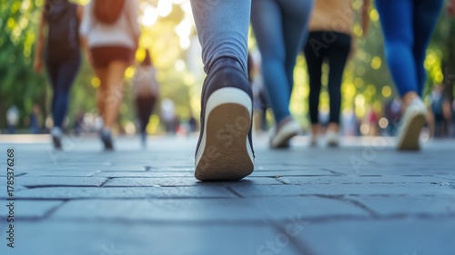 A focused shot on a shoe sole stepping forward on a stone pavement, with a blurred crowd walking through a sunlit city park