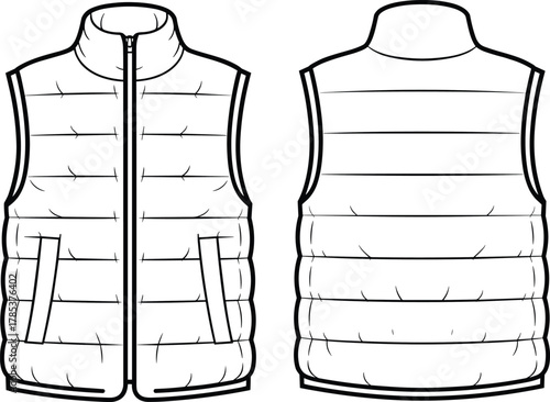 Sleeveless puffer vest, quilted jacket design, front and back view, technical fashion sketch, zipper closure, high collar, garment template