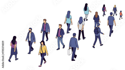 Diverse group of illustrated people walking in different directions, symbolizing urban movement and collective journey