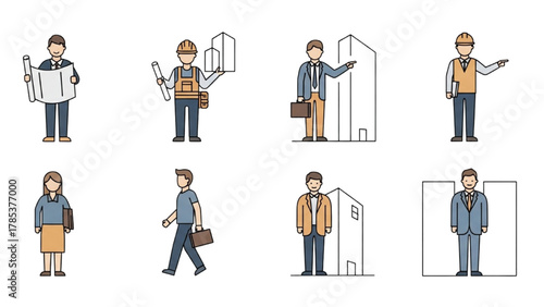 Construction workers and office professionals standing near buildings and blueprints