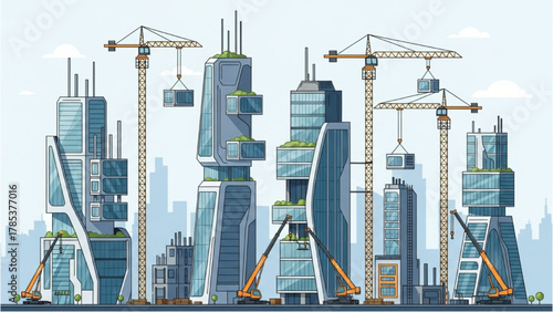Illustrative urban construction scene with skyscrapers, cranes, and building progress