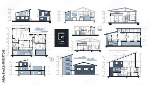 Detailed Vector Illustrations of Modern House Blueprints and Interior Layouts for Architectural Design and Planning