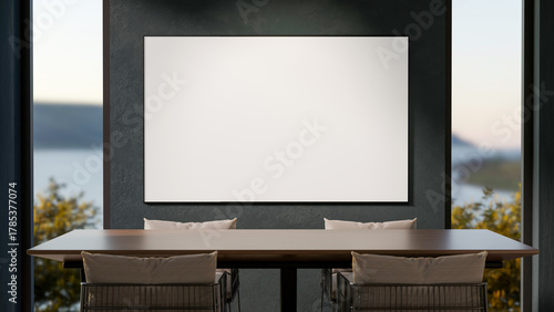 Fototapeta Naklejka Na Ścianę i Meble -  White frame or monitor screen on wall aside window and wooden table and chair in living room or cafe