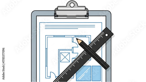Blueprint on Clipboard with Ruler and Pencil Architectural Design Concept