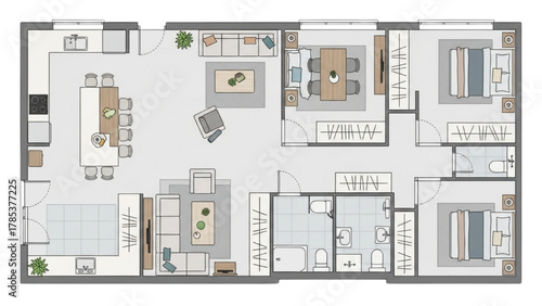 Modern Apartment Floor Plan with Two Bedrooms, Kitchen, and Living Area Layout