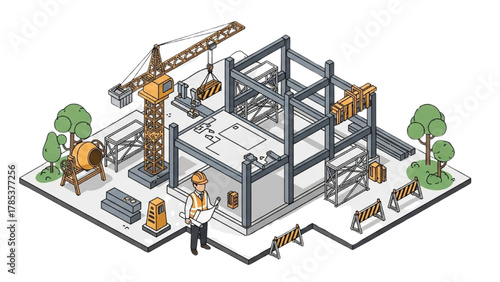 Isometric Illustration of a Construction Site with Engineer, Crane, and Developing Modern Structure