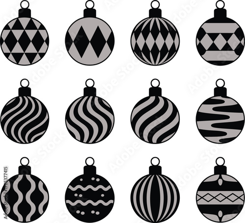 black and gray festive baubles, abstract geometric holiday decoration, minimalist winter design, seasonal hanging decor, modern art pack