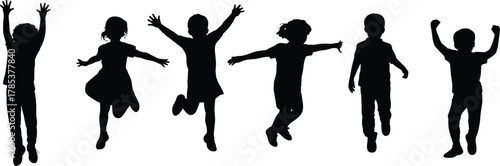Silhouette of six playful children jumping and dancing, dynamic poses vector, childhood joy illustration, black graphic art, energetic movement, white background design