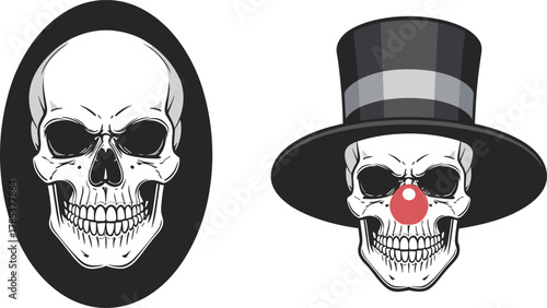 Stylized skull illustration set with top hat and clown nose, black oval background, humorous gothic vector, whimsical death theme, monochrome character design