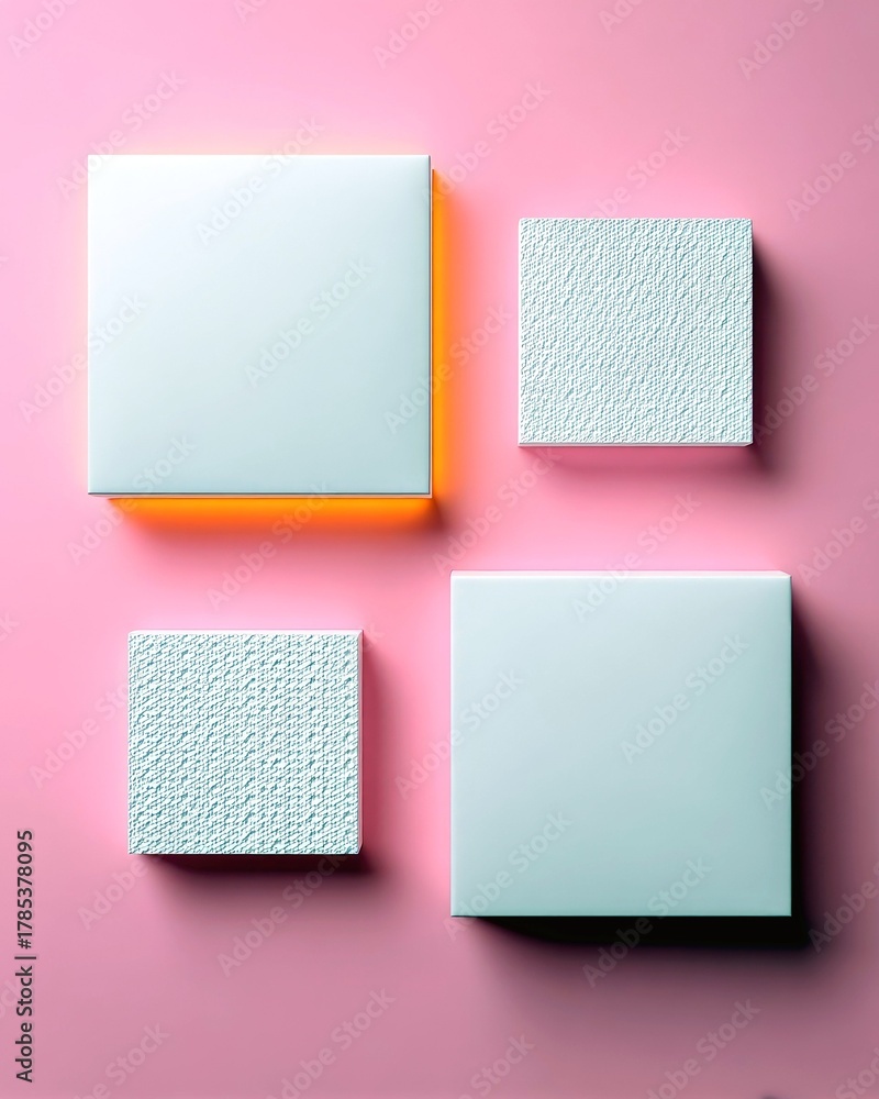 Fototapeta premium Four square shapes, two smooth and two textured, are arranged on a pink background with subtle lighting.