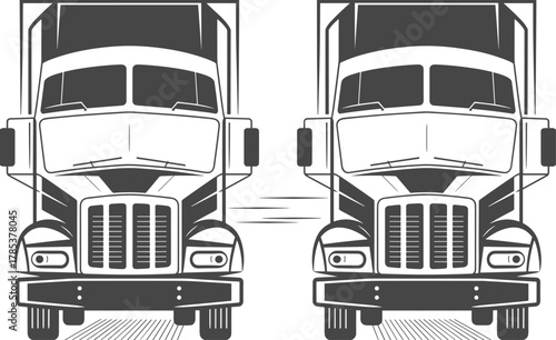 Black and white vector illustration of two large cargo trucks front view, transport logistics vehicles for shipping, freight, and delivery services