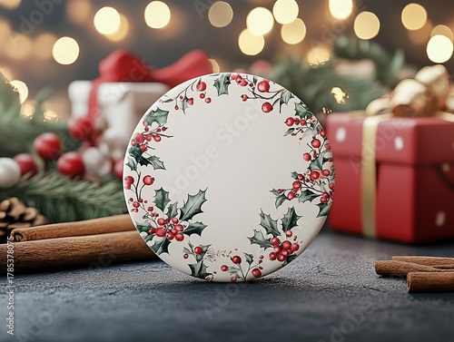 Ultra-realistic white round coaster mockup with Christmas floral pattern, arranged with gift boxes, holly leaves and cinnamon sticks on festive table setting. Close-up shot for product design and home