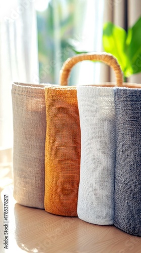 A close-up shot of four fabric storage baskets in different colors, arranged side-by-side on a wooden table.