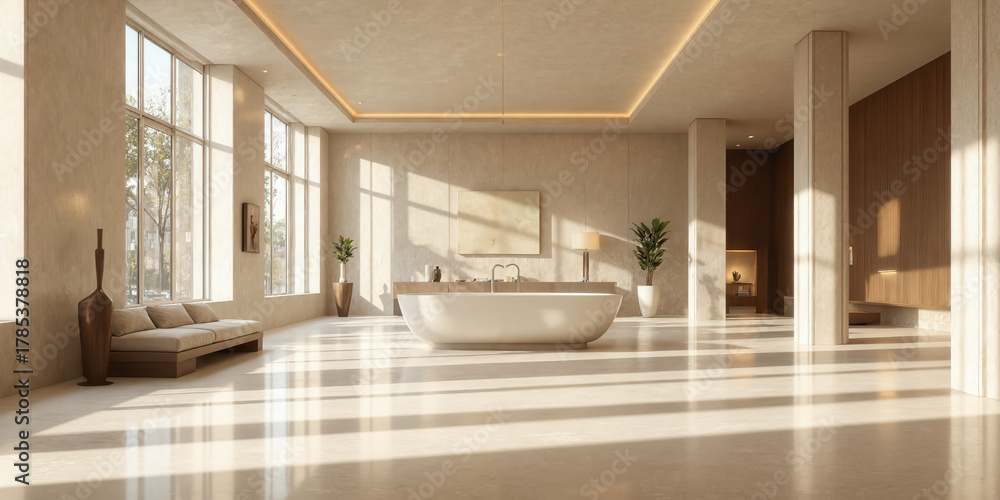 Fototapeta premium Warm light diffusion in champagne mist over marble pattern, timeless elegance and clarity, high-end product staging