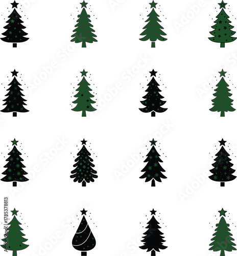 seasonal graphic pack, stylized tree illustrations, ornamented Christmas tree design collection