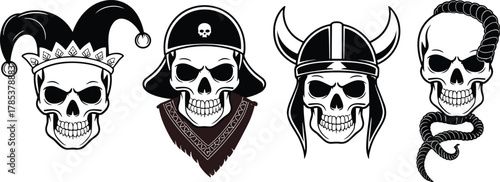 jester pirate Viking punk theme, fantasy rebel illustration, black silhouette design, gothic danger art, Halloween concept pack for stock