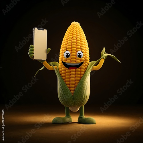 Cartoon corn character holds a smartphone smiling on a dark background.