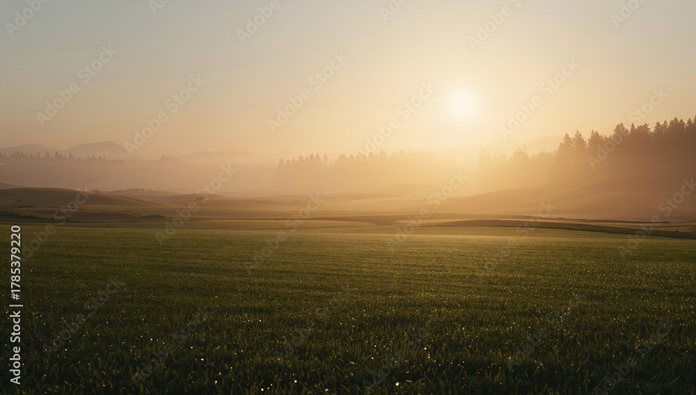 Obraz premium Field and trees in misty morning light.