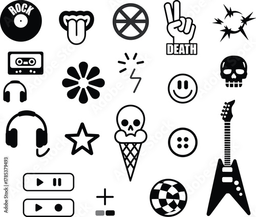 Rock music icons, skull silhouette, peace symbol, headphones, cassette, guitar, smiley face, lightning bolt, sports ball, explosion, fantasy, abstract, vector set