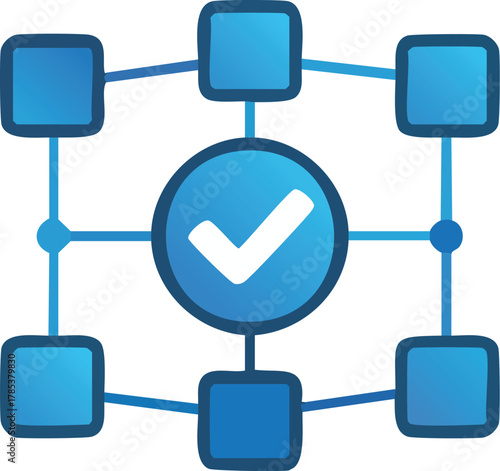 Visual representation of an interconnected digital network structure with a central verified operation, symbolizing successful system integration and secure data processing