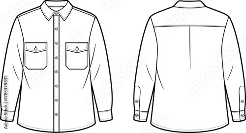 Technical fashion sketch, button-up shirt design, chest pockets, long sleeve garment, pointed collar, back pleat, front back view, apparel template