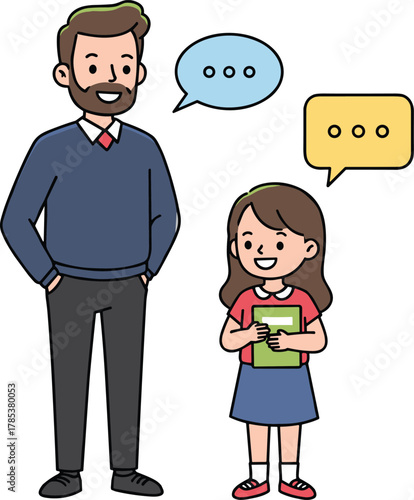 Teacher and student talking with speech bubbles, education communication concept, classroom discussion, learning interaction, academic relationship illustration, school conversation