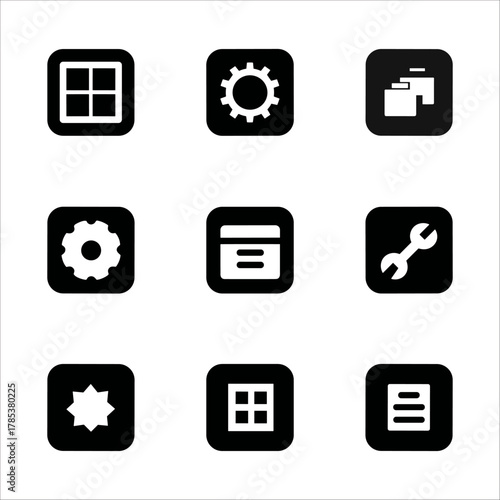 Collection of interface and settings icons including windows, gears, and documents