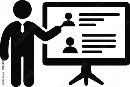 Business professional giving online presentation with profile data on screen, digital communication concept, corporate training and management illustration icon