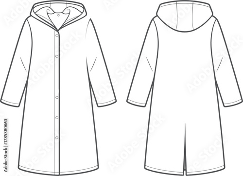 Technical fashion sketch, hooded coat design, front back view, long sleeve outerwear, button closure, garment construction, flat illustration, apparel template