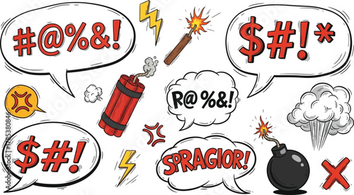 Cartoon Swearing Symbols With Speech Bubbles and Dynamite on White Background